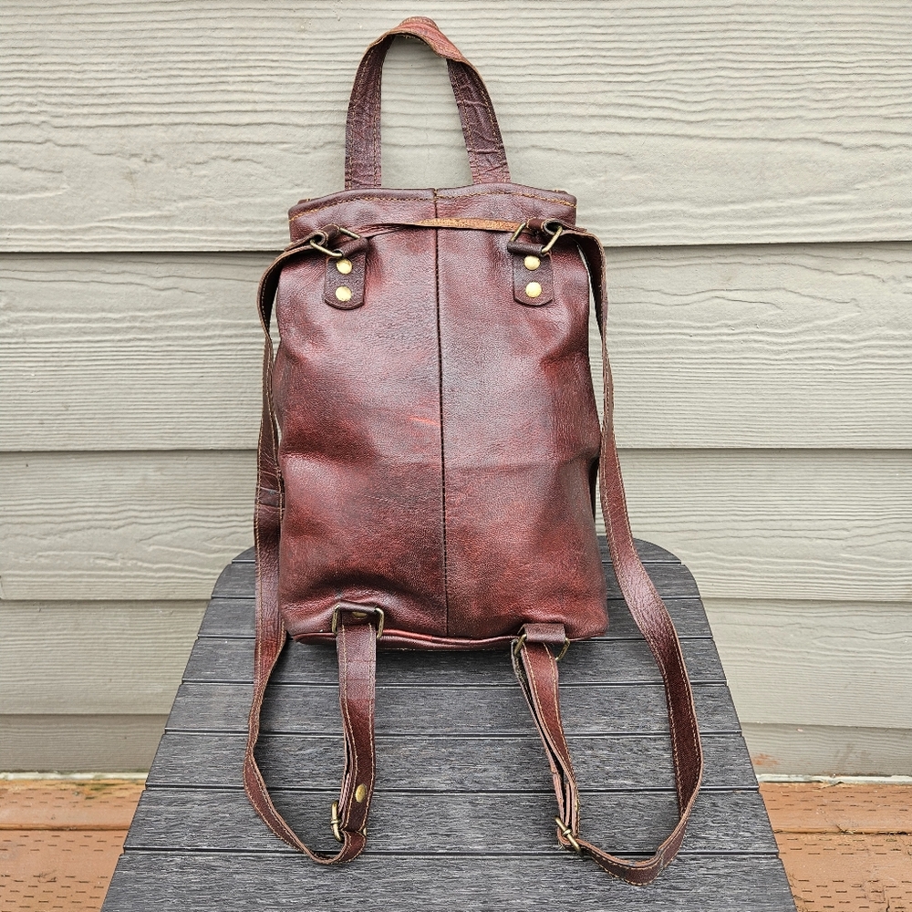 Vintage Camel Tooled Leather Brown Backpack India Unique Flap Top Bag Purse - Picture 4 of 16